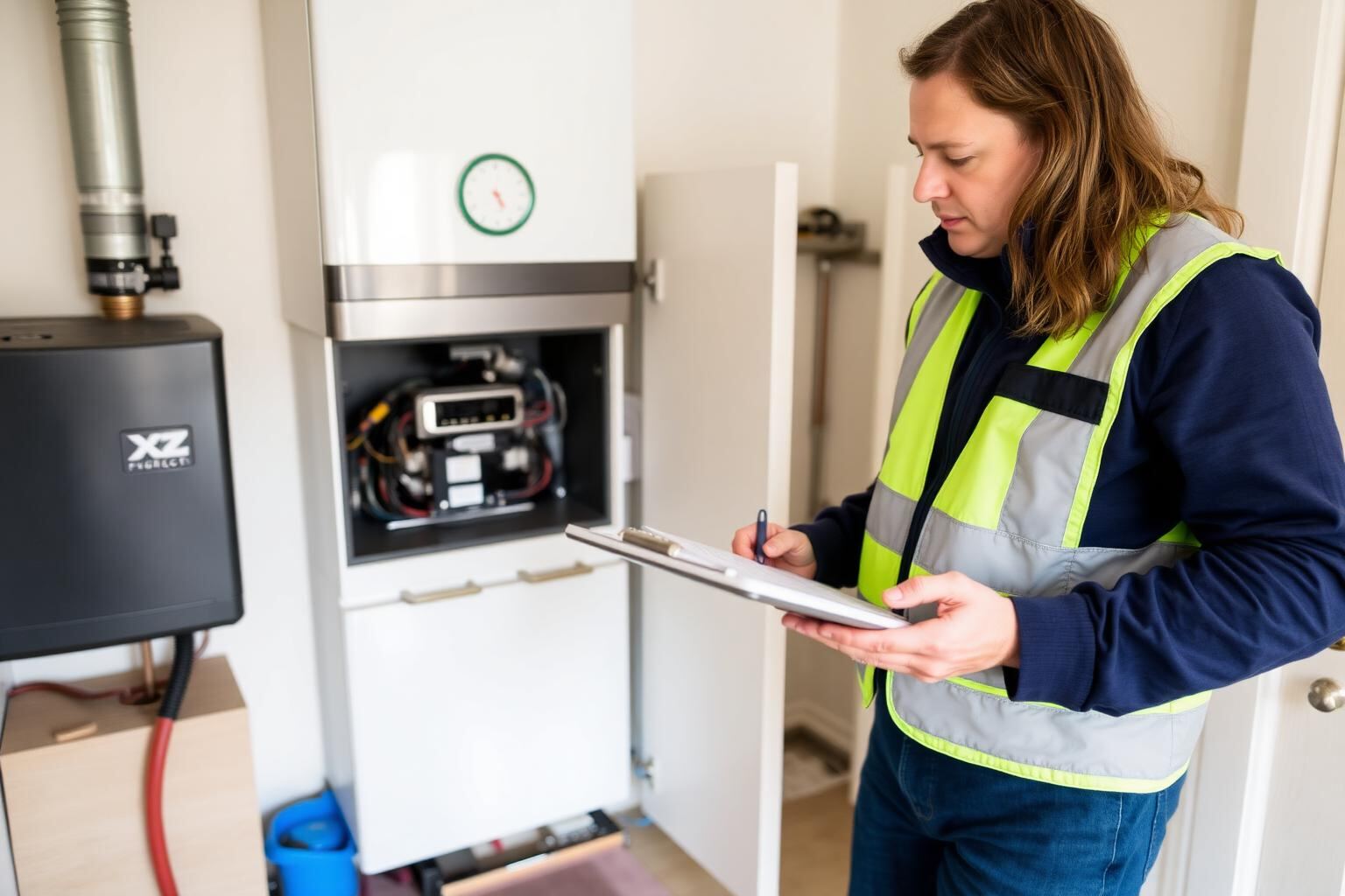 An energy assessor inspecting a home heating system with clipboard in hand during a BER survey.