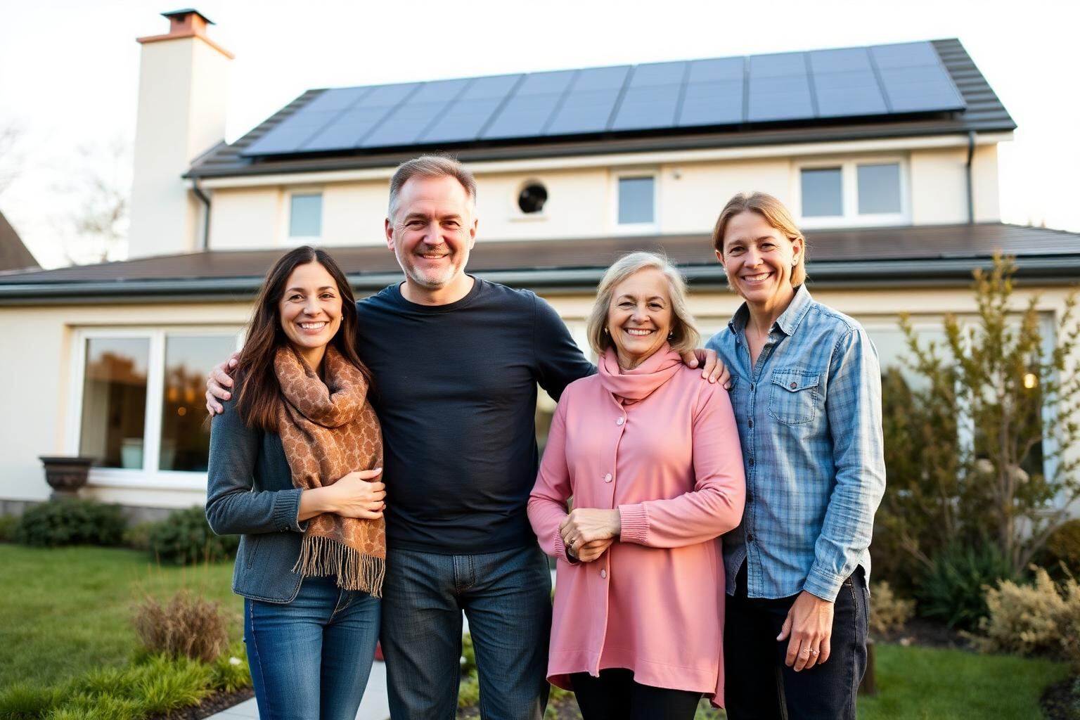 A happy family standing outside their energy-efficient home fitted with solar panels.