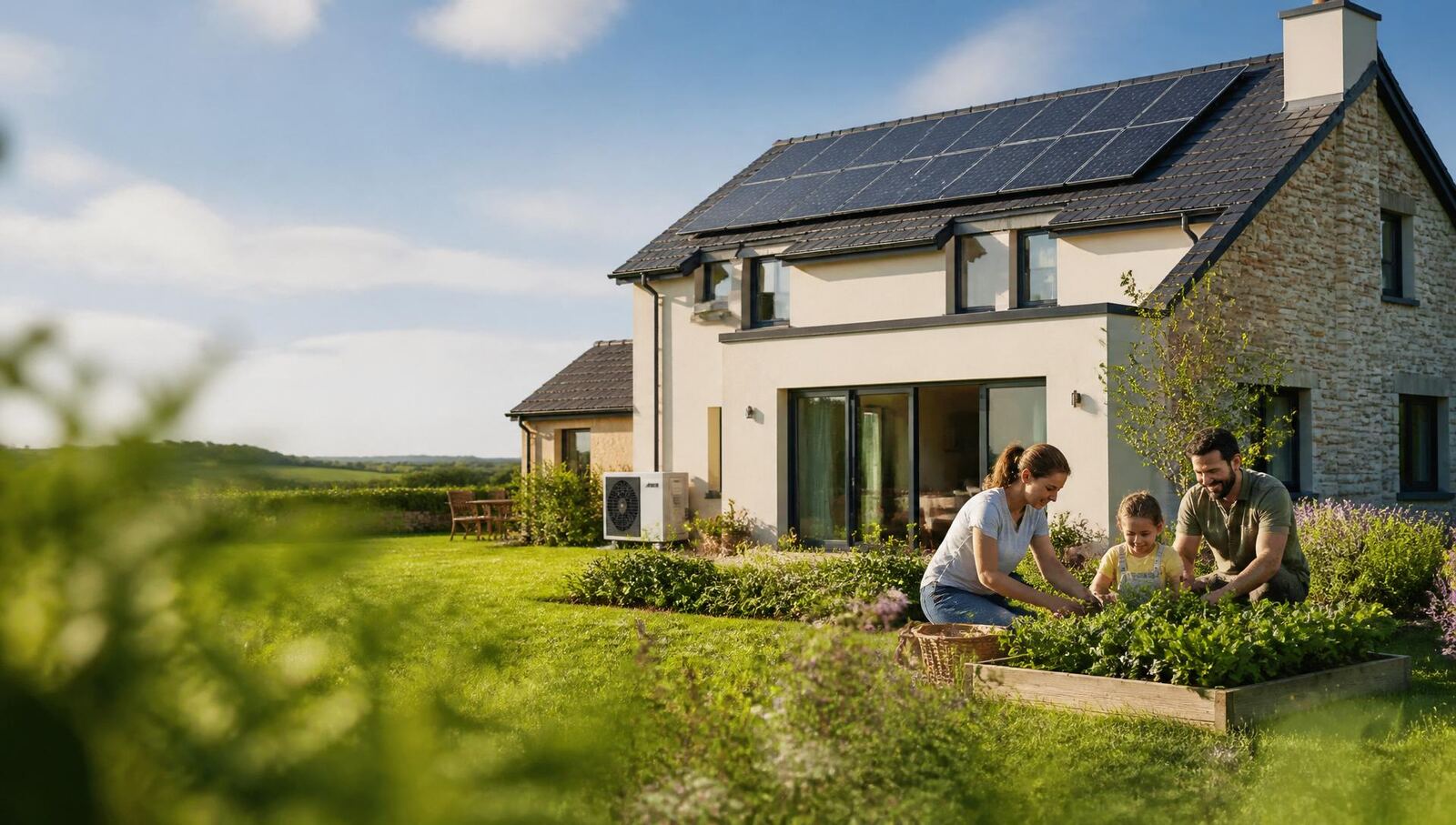 An Irish family gardening outside their modern retrofitted home with rooftop solar panels and an air-source heat pump.